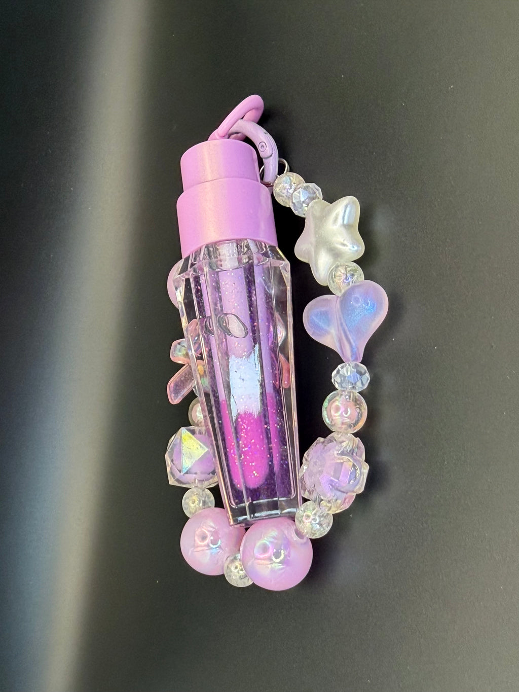 Crystal Charm Glitter Color Changing Lip Gloss Keychain with Beaded Bracelet and Star Charms for Fashion Accessories