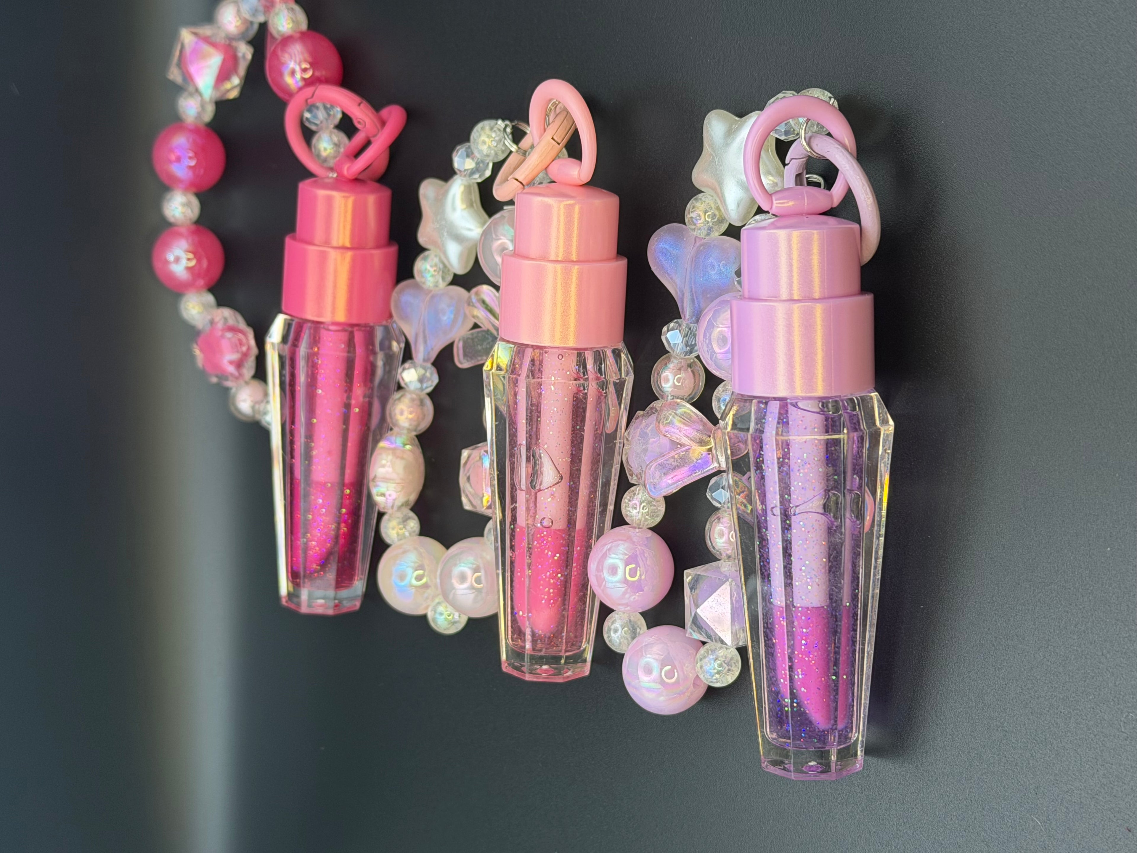 Crystal Charm Glitter Color Changing Lip Gloss Keychain with Beaded Bracelet and Star Charms for Fashion Accessories