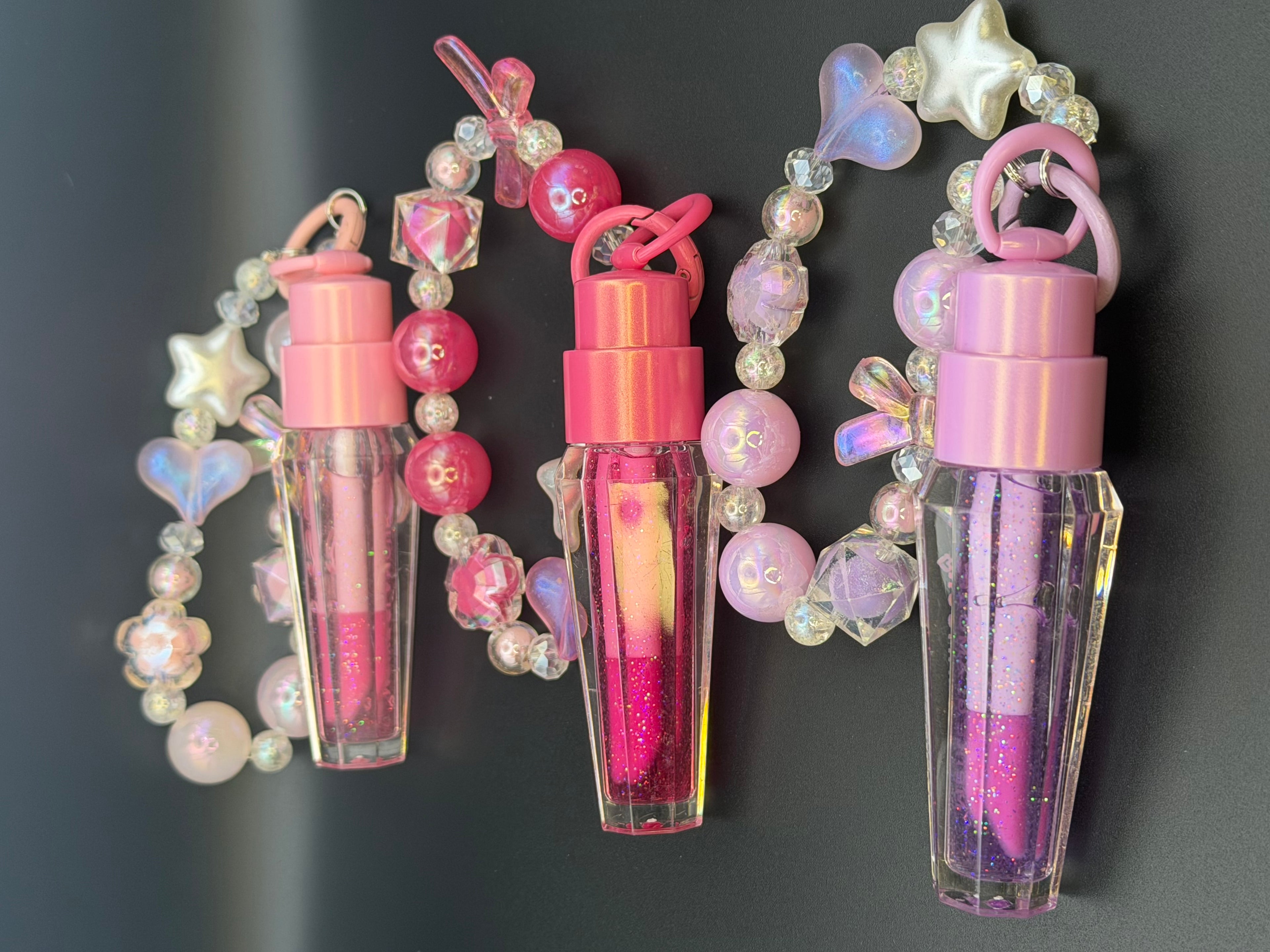 Crystal Charm Glitter Color Changing Lip Gloss Keychain with Beaded Bracelet and Star Charms for Fashion Accessories