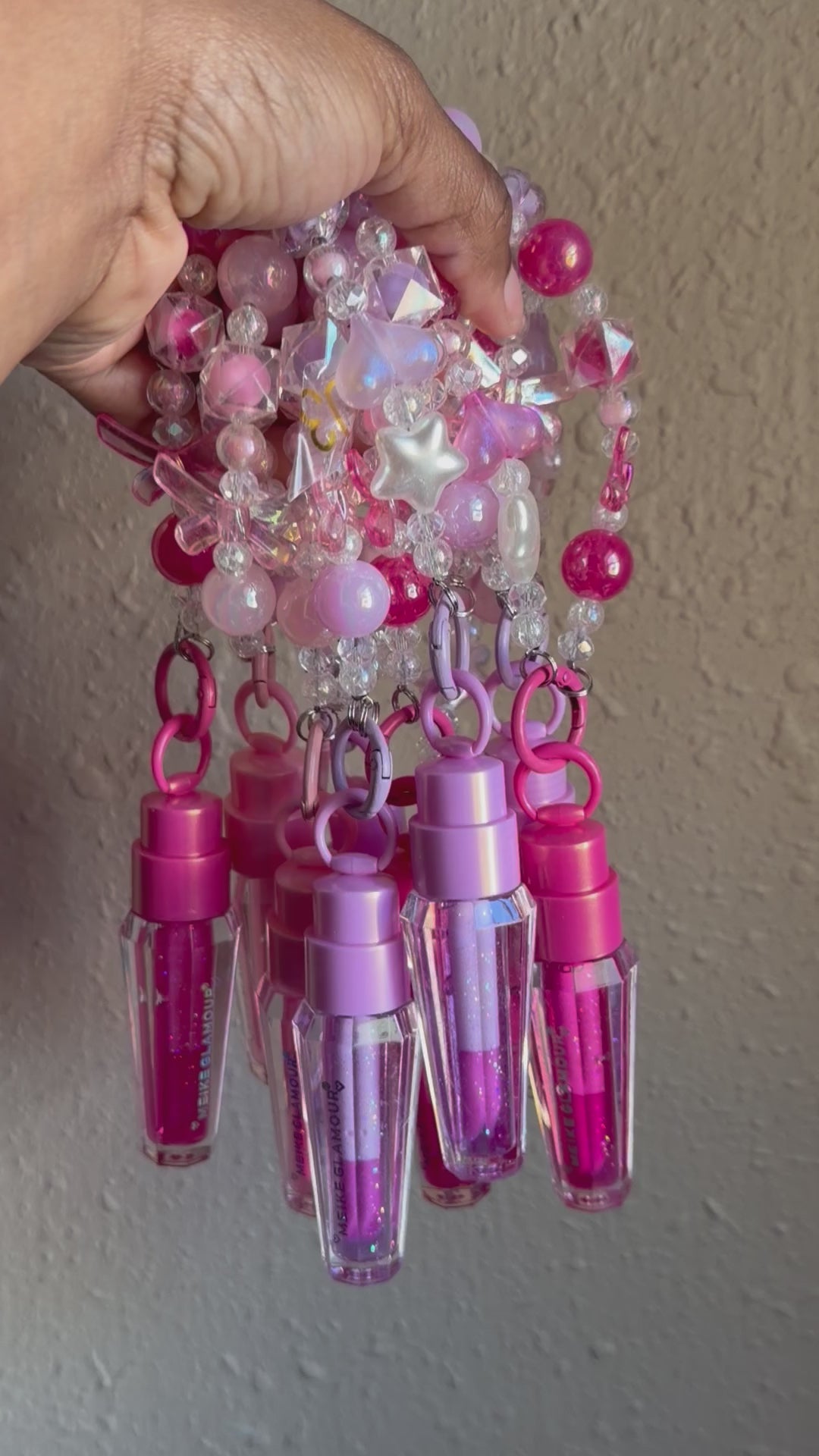 Crystal Charm Glitter Color Changing Lip Gloss Keychain with Beaded Bracelet and Star Charms for Fashion Accessories